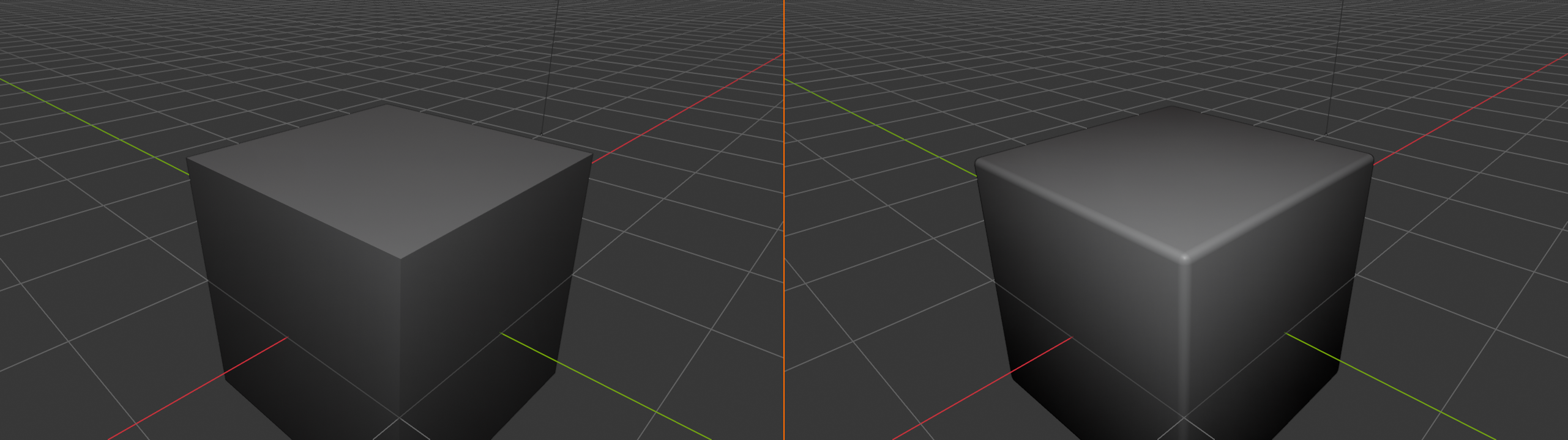 Two-panel MATCAP-shaded composite contrasting a sharp cube with a fully beveled cube. Left panel: the source cube with Shade Flat and zero bevel, rendered under the `basic_grey.exr` matcap, with hard edges that read as obvious CG geometry. Right panel: the same cube with all edges beveled at offset 0.05 and segments 3 and Shade Smooth applied, the bevels picking up specular highlights from the matcap and making the cube read as a physically plausible manufactured object. A 2 px Blender-orange vertical divider separates the panels.