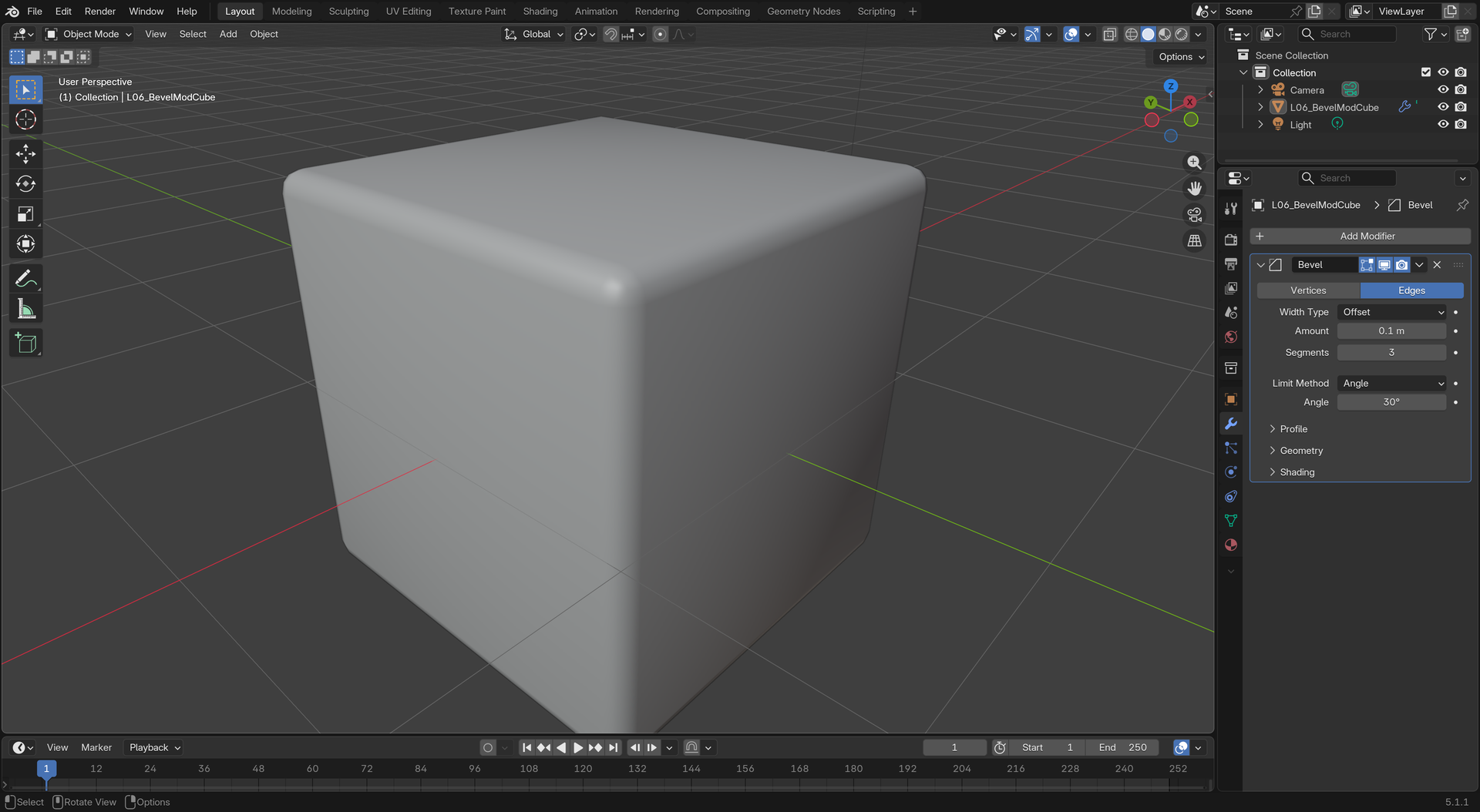 Full Blender window in Object Mode with the Properties editor open to the Modifiers tab on the bevel modifier test cube. The right panel shows the Bevel Modifier added to `L06_BevelModCube` with Amount set to 0.1 m, Segments set to 3, Limit Method set to Angle with the Angle threshold at 30 degrees, and Shade Smooth applied to the cube; the 3D viewport on the left shows the resulting all-edge bevel on the cube under user-perspective view. Four positive-green pill badges mark the Amount field, the Segments field, the Limit Method dropdown, and the Angle threshold value.