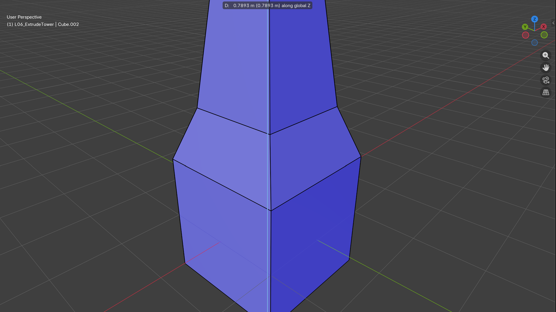 Blender 3D viewport during a live G Z move on the L06_ExtrudeTower mesh in Edit Mode. The blue vertical line is the global Z-axis constraint indicator running through the tower center, the tower faces show the modal-operator blue tint, and the dark pill at top reads `D: 0.7893 m (0.7893 m) along global Z` for the active translation. A positive-green pill labeled ALONG Z marks the constraint line.
