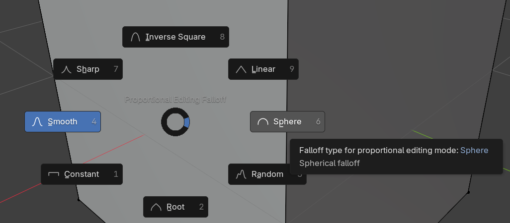 Shift+O Proportional Falloff pie menu floating over the Blender 3D viewport in Edit Mode. The menu shows eight wedges labeled Smooth, Sharp, Constant, Root, Random, Sphere, Linear, and Inverse Square. The Smooth wedge on the left is highlighted as the current selection, and a Sphere tooltip is visible from a hover preview.