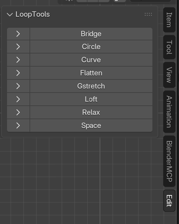 Blender N-key sidebar with the Edit tab active at the bottom of the tab stack. The LoopTools panel is expanded and shows eight operation buttons in alphabetical order: Bridge, Circle, Curve, Flatten, Gstretch, Loft, Relax, Space. The viewport behind the sidebar is in Edit Mode.