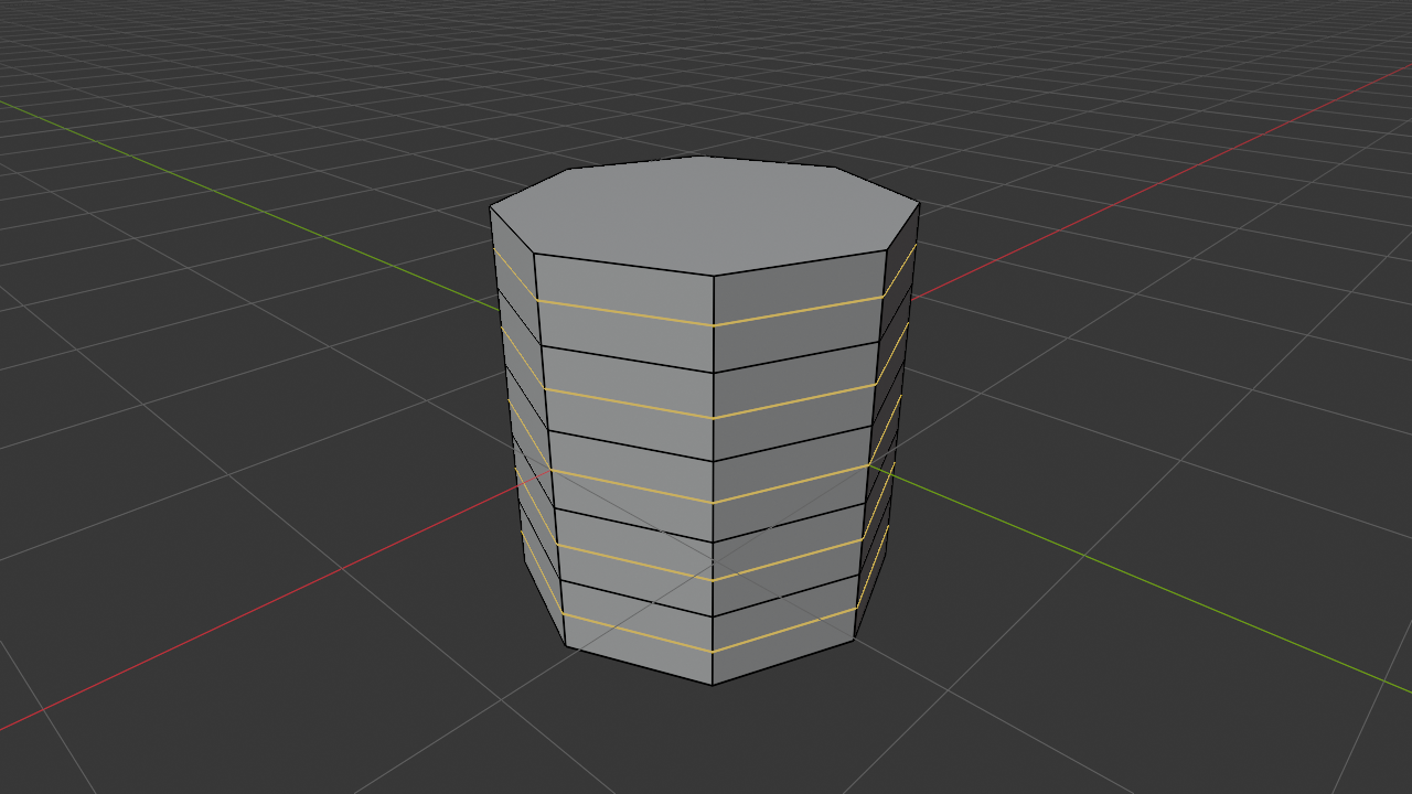 Cylinder in Blender Edit Mode with edge select active. The cylinder has nine horizontal edge rings stacked between its top and bottom caps. Five of the nine rings are selected in orange (the 1st, 3rd, 5th, 7th, and 9th from the bottom), and four are deselected (the 2nd, 4th, 6th, and 8th), producing a clean alternating stripe pattern up the side of the cylinder.