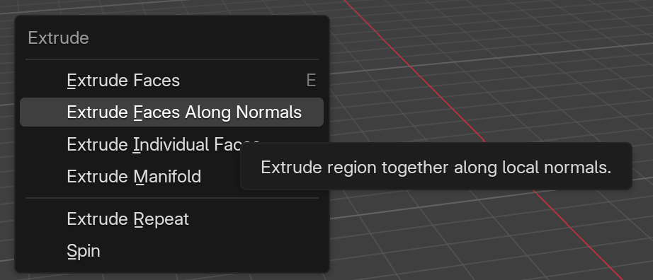 Alt+E Extrude special popover in Edit Mode listing Extrude Faces, Extrude Faces Along Normals, Extrude Individual Faces, Extrude Manifold, Extrude Repeat, and Spin. The Extrude Faces Along Normals row carries the active hover highlight as a brighter background band, and a bonus Blender tooltip reading `Extrude region together along local normals.` floats to the right of the row. A positive-green pill labeled ALONG NORMALS marks the hovered row.