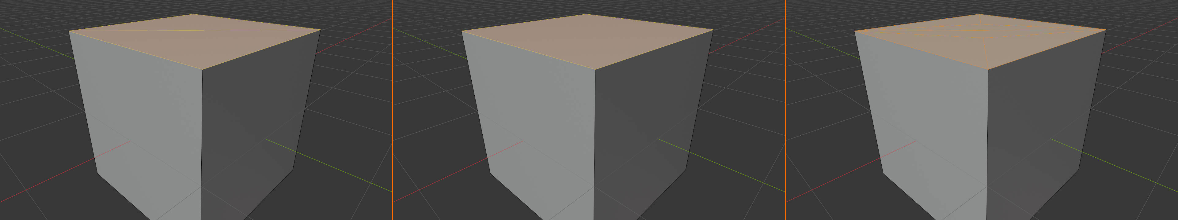 Three-panel horizontal composite showing three different fill operations on the same square hole in a cube. Left panel: the hole filled with Simple Fill (F key), producing a single n-gon face spanning the boundary loop. Middle panel: the hole filled with Grid Fill, producing an organized grid of quad faces with clean topology. Right panel: the hole filled with Fill followed by Poke, fan-triangulating the result around a central vertex. The wireframe overlay is enabled across all three panels so the topology difference reads clearly. 2 px Blender-orange vertical dividers separate the panels.