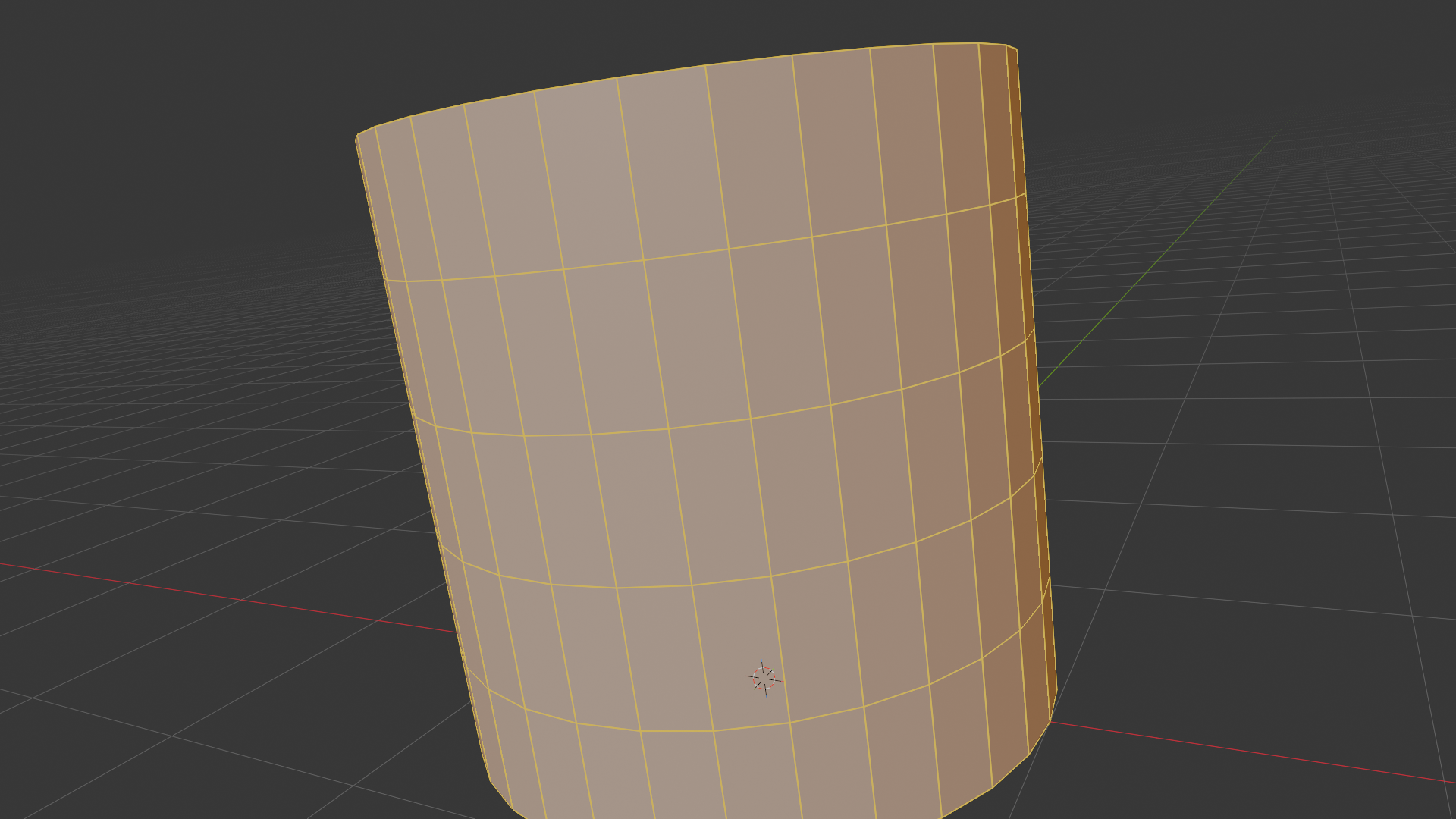 Cylinder in Edit Mode with four additional horizontal loop cuts evenly spaced along the side walls, all geometry selected in orange, viewed in three-quarter perspective.