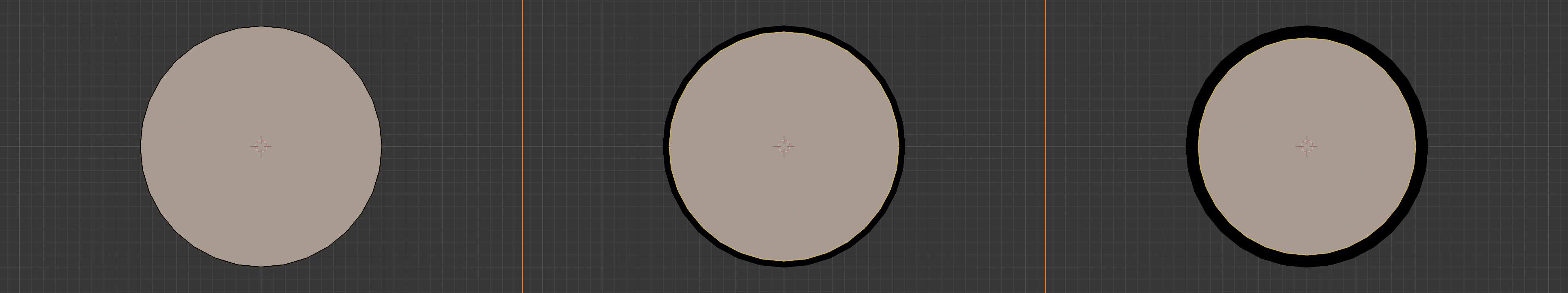 3-panel composite showing the inset operation creating mug rim thickness. Panel 1: top-down orthographic view of the cylinder with its top rim edge loop selected in orange. Panel 2: same view with a partial inset preview showing the new inner edge loop. Panel 3: same view with the completed inset producing two concentric edge loops at the rim.