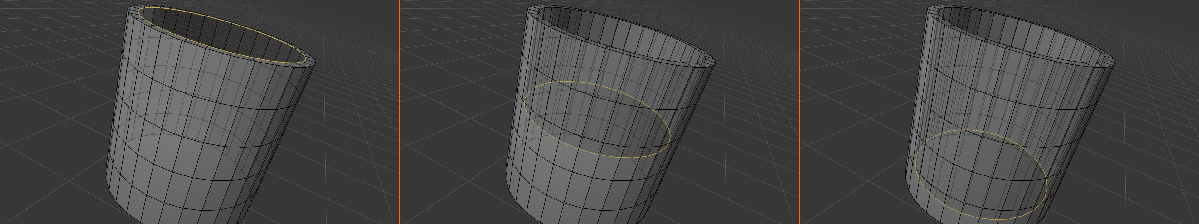 3-panel composite showing interior wall creation by extruding the rim downward. Panel 1: angled side view of the inset-complete mug with the inner rim edge loop selected in orange. Panel 2: same view mid-extrusion with the inner surface partially extruded downward. Panel 3: same view with the interior walls fully extruded to near the cylinder base.