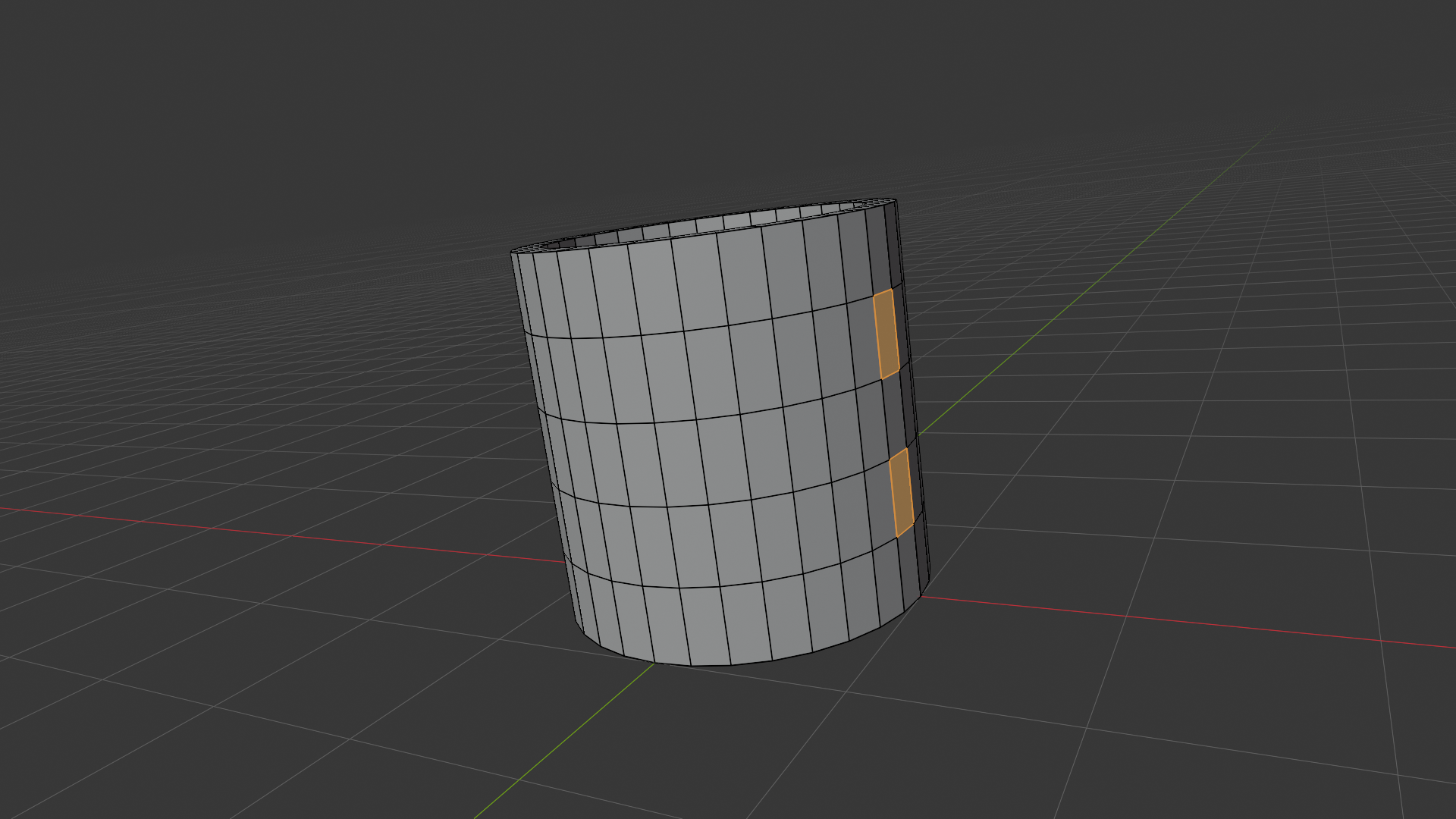 Side angled-perspective view of the coffee mug in Edit Mode with two faces selected in orange on the body wall. The two selected faces are vertically aligned to mark the upper and lower handle attachment points.