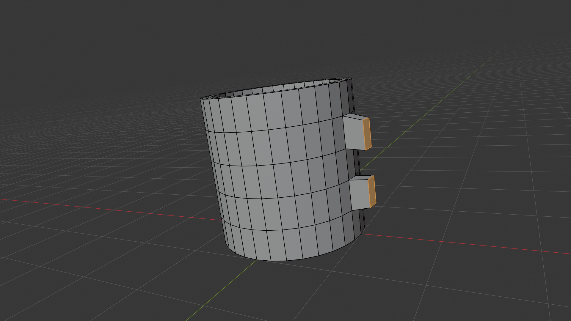 Angled side perspective of the coffee mug in Edit Mode with two short stub extrusions protruding outward from the body wall at the previously selected attachment faces. The two stub outer faces are selected in orange. The stubs are vertically aligned and matched in size, ready to anchor the top and bottom of the handle arc.