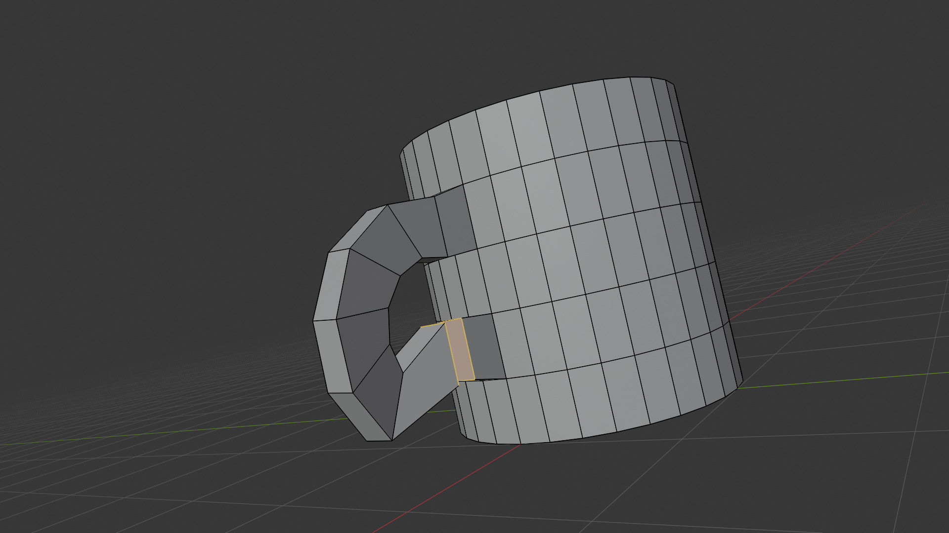 Angled side perspective of the coffee mug in Edit Mode with the handle arc extended to six segments reaching near the bottom stub. The arc terminal edge loop and the bottom stub outer edge loop are both selected in orange, ready to be bridged. A small visible gap remains between the two selected edge loops.