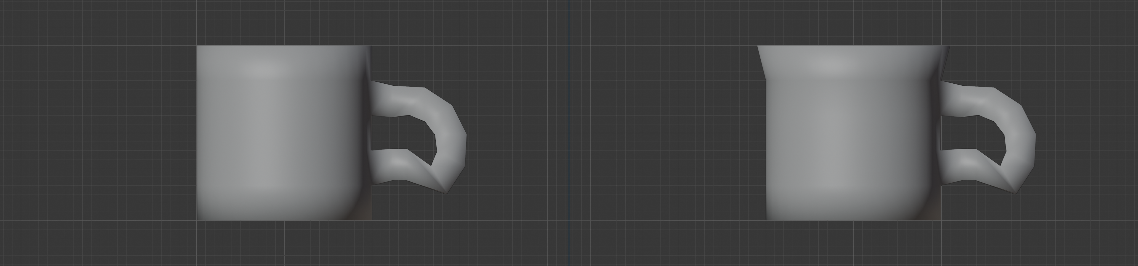 2-panel side orthographic composite comparing the mug body before and after applying a subtle taper. Panel 1: cylindrical body with uniform diameter from top to bottom, handle visible for reference. Panel 2: same mug with the top edge loop scaled outward by 1.1x at MEDIAN_POINT pivot, producing a slight outward flare at the rim, handle still visible for reference.