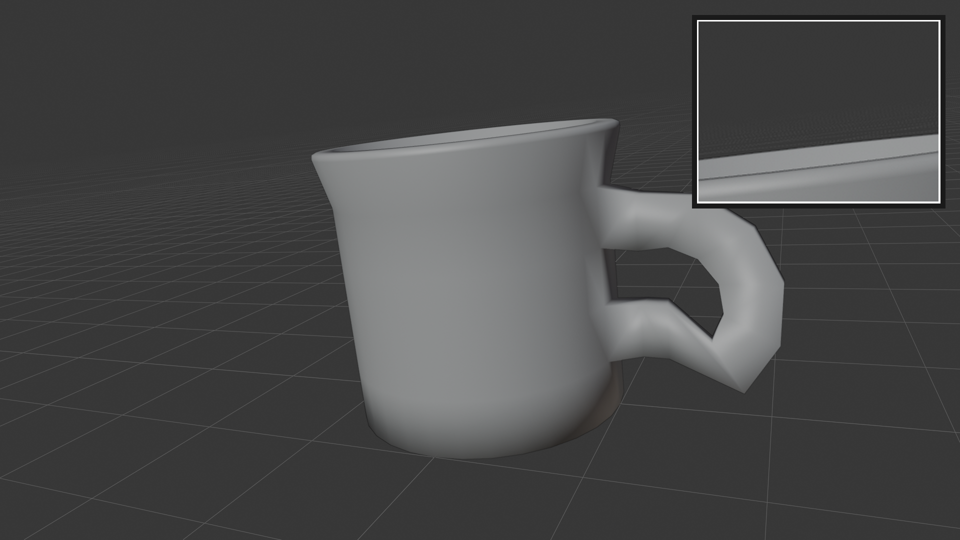 Angled perspective view of the coffee mug with a beveled top rim. A magnified detail inset in the upper-right shows the rim cross-section close-up, revealing the additional edge loops that produce the rounded profile from the bevel operation. The main image shows the complete mug body with the beveled rim and the previously applied subtle top taper.
