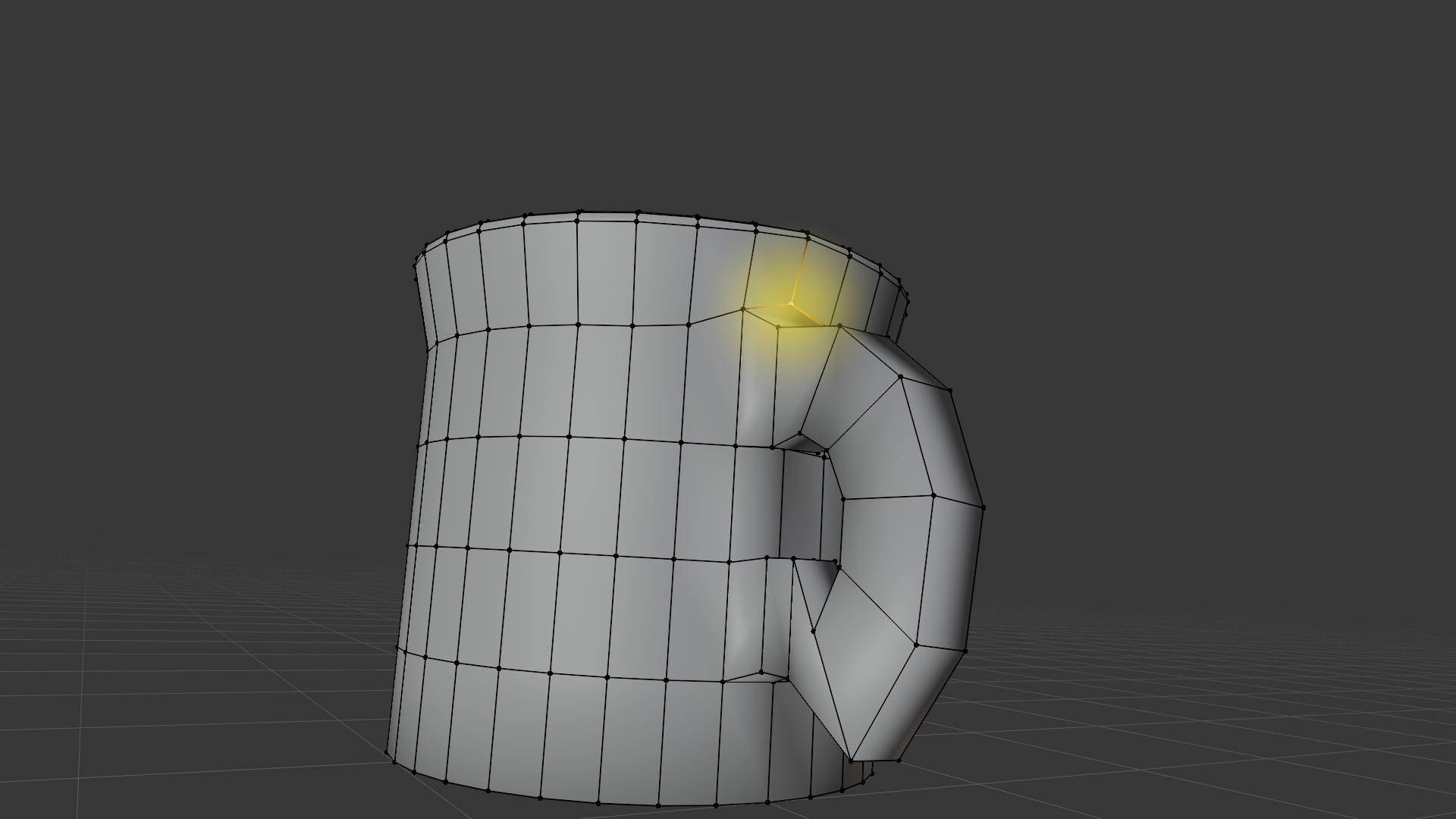 Angled perspective view of the coffee mug handle-body connection in Edit Mode with proportional editing active. A single vertex at the upper handle attachment is selected in orange and has been translated upward; nearby vertices show smooth falloff distortion from the simulated proportional edit. A yellow-orange gradient circle is overlaid on the viewport at the selected vertex's screen position, indicating the proportional editing influence radius.