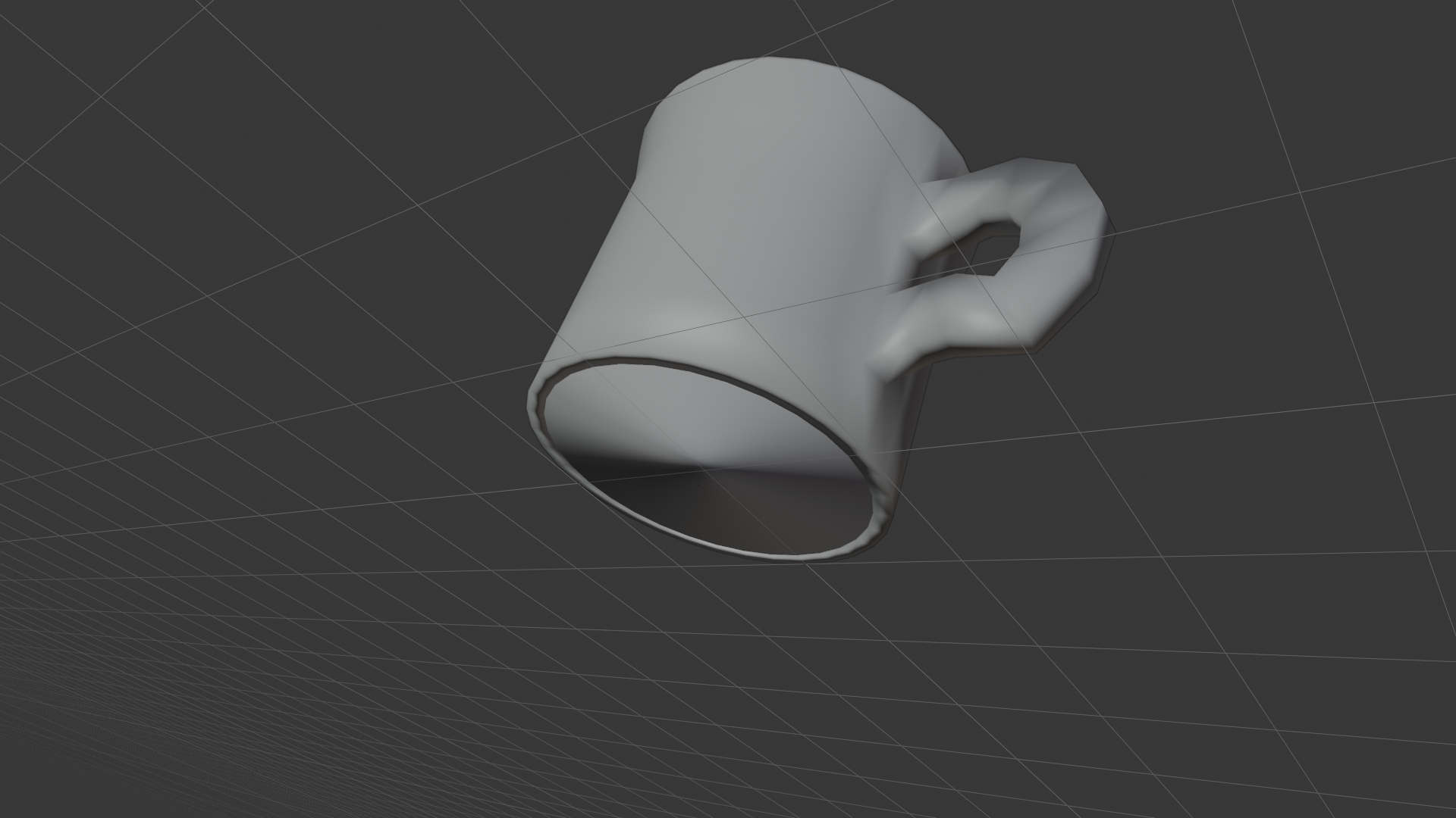 Bottom-up angled view of the coffee mug showing the optional base foot detail. The mug bottom features a slightly recessed inner center face surrounded by a raised outer ring forming the foot, created by inset and upward-extrude operations on the original bottom face. The height difference is subtle but visible from this angle. Grid floor visible below for spatial reference.