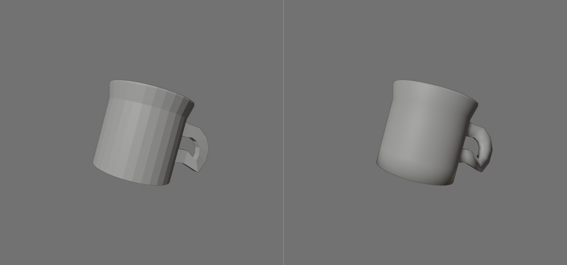 2-panel side-by-side comparison of the same coffee mug with flat shading and smooth shading at an identical 3/4 view. Panel 1 (left): flat shading showing visible polygon facets across the mug body. Panel 2 (right): smooth shading showing a rounded, continuous surface from the same geometry.