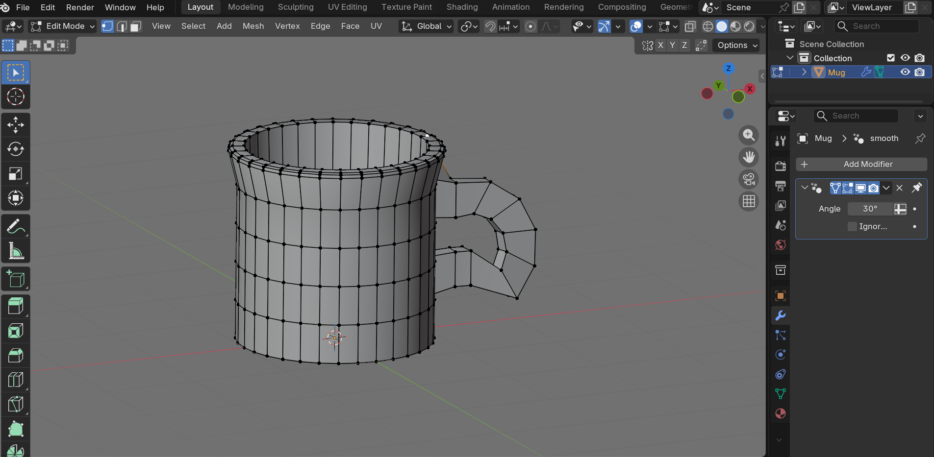Blender Modifier Properties panel showing the Smooth by Angle modifier on the mug, expanded to reveal its Angle field set to 30 degrees. The mug is visible in the viewport behind the panel.