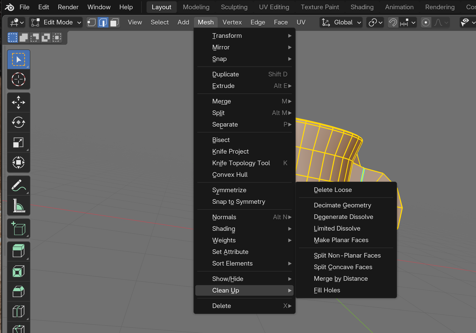 Coffee mug in Edit Mode with all geometry selected and the Mesh menu open, showing the Clean Up submenu with Merge by Distance highlighted. The operation welds vertices that share the same location.