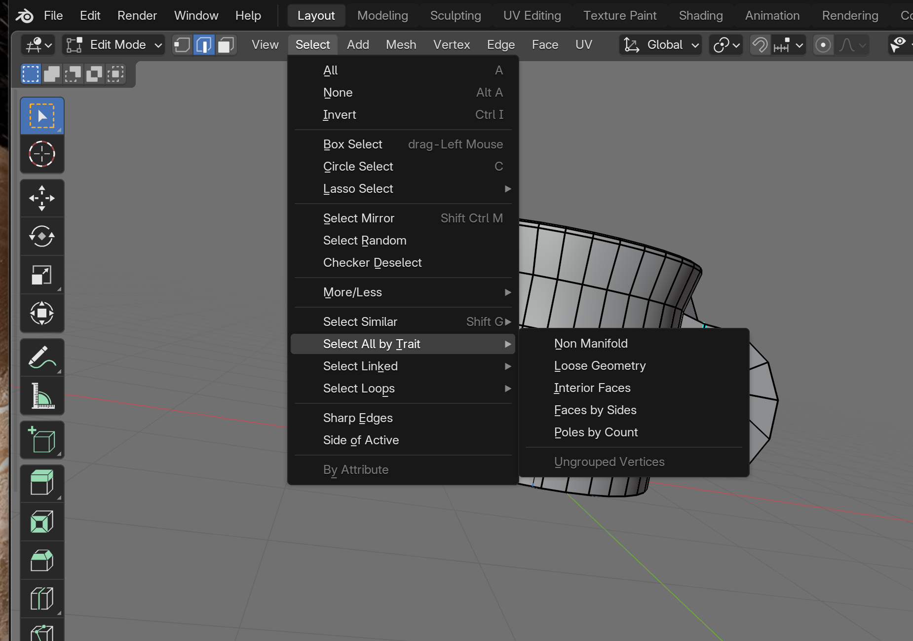 Coffee mug in Edit Mode with the Select menu open, showing Select All by Trait with the Non-Manifold option highlighted. This command selects non-manifold geometry such as holes, internal faces, and edges shared by more than two faces.
