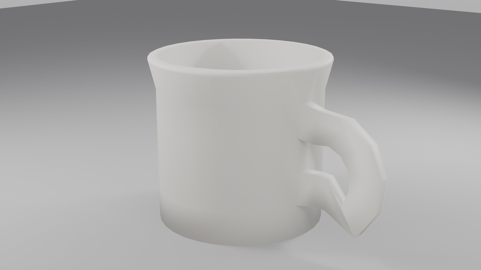 High-quality 3/4 product render of the finished coffee mug with smooth ceramic shading on a soft studio backdrop, resting on a neutral surface with a soft contact shadow and a light-to-dark grey gradient background.