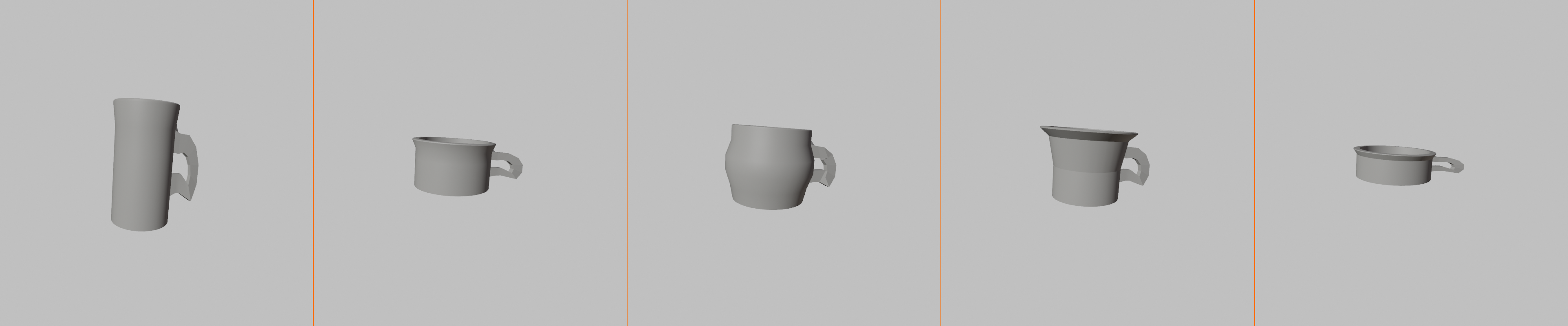 5-panel horizontal composite showing five mug variations modelled from the same base coffee mug. Panel 1: tall latte mug, twice the height of the base. Panel 2: short and wide espresso cup. Panel 3: curved body mug with a subtle belly bulge at the middle. Panel 4: mug with a pronounced decorative rim flare at the top. Panel 5: low wide bowl-style mug. Each panel uses the same 3/4 perspective angle on a light grey background.