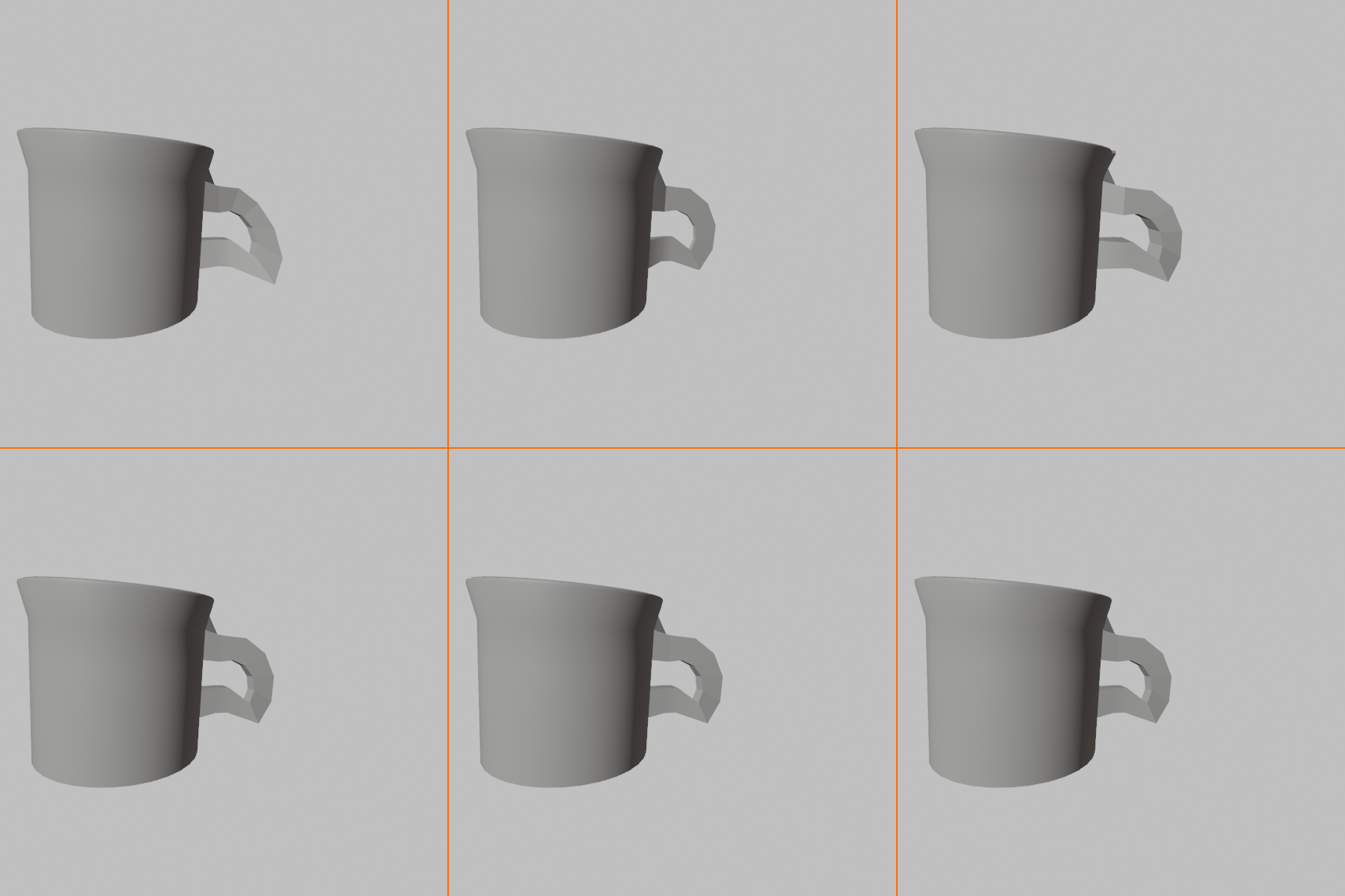 2-by-3 grid composite showing common handle problems on the top row and their cleaned-up base versions on the bottom row. Top row left to right: handle with twisted cross-section, handle that is too thin, handle that is too thick. Bottom row left to right: three views of the clean base mug with a correctly proportioned handle for comparison.