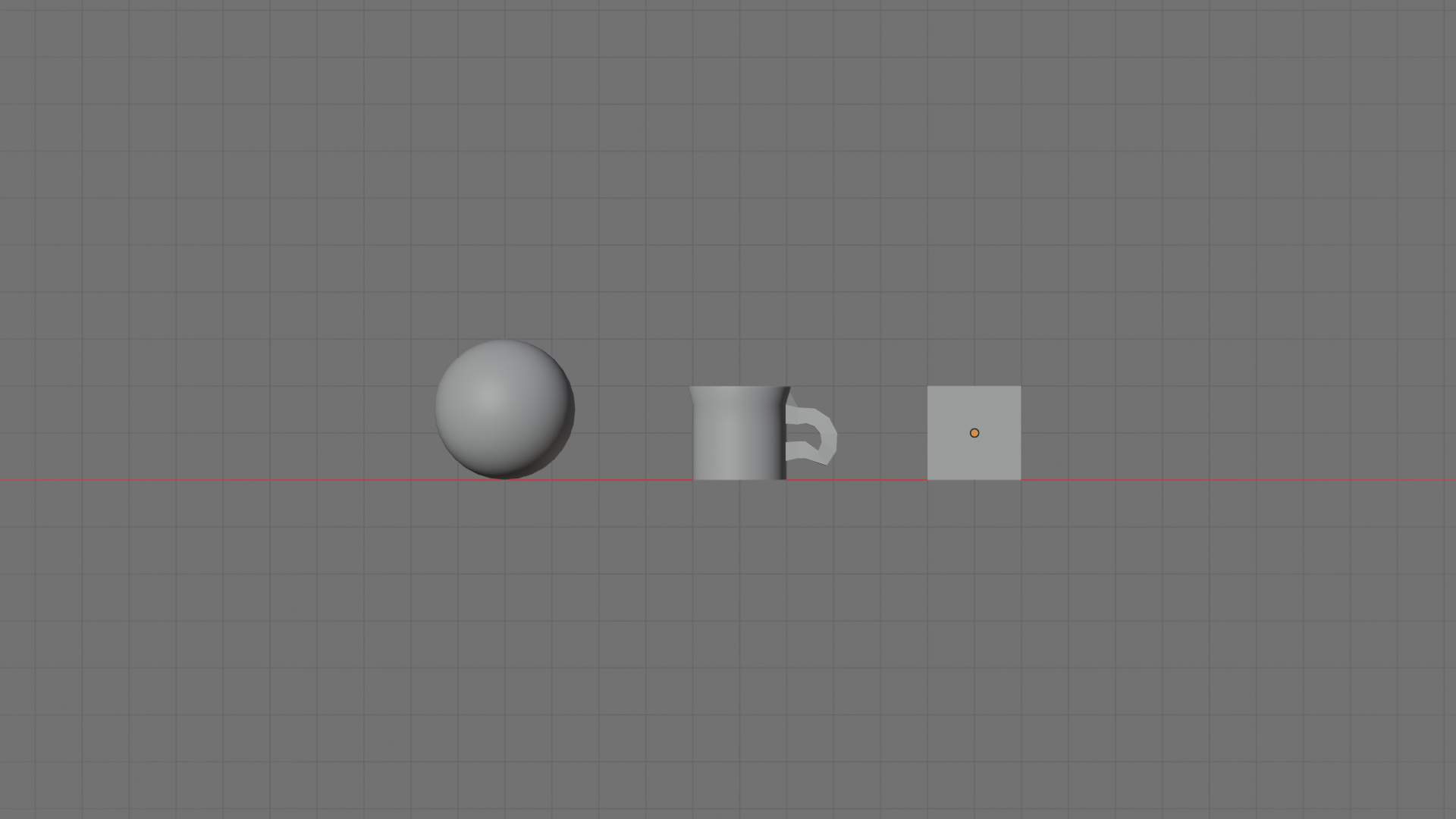 Front orthographic view comparing the coffee mug to two reference objects on the grid floor. From left to right: a smooth grey sphere as a head-size reference, the finished coffee mug with its handle extending to the right, and a default Blender cube. The red X-axis line runs along the floor through the base of all three objects.