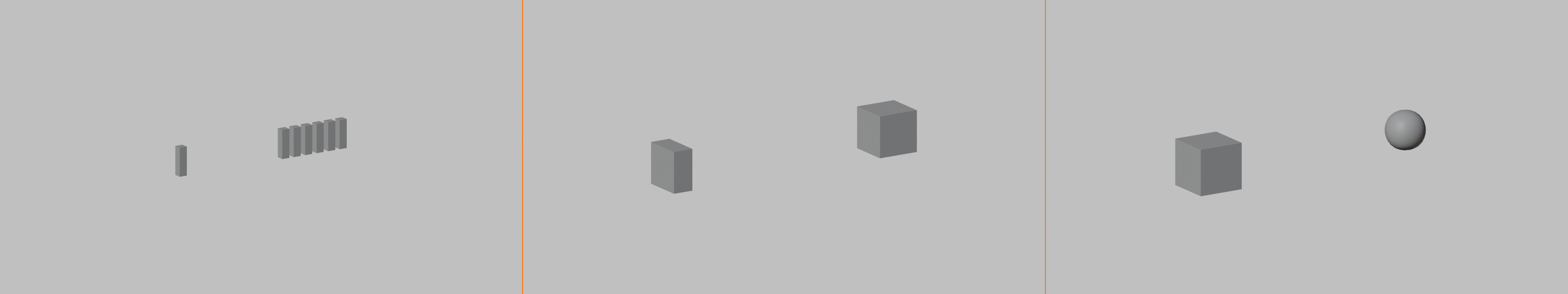 3-panel composite showing three modifiers transforming a base object. Panel 1 (Array): a single post becomes a row of six evenly spaced posts. Panel 2 (Mirror): a solid half-block becomes a complete solid cube. Panel 3 (Subdivision): a blocky cube becomes a smooth rounded form. Each panel shows the same 3/4 view before and after the modifier is applied.