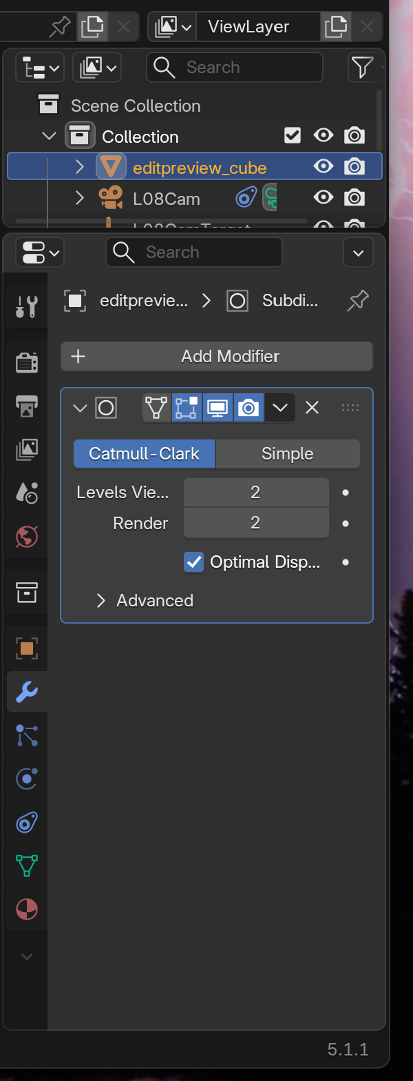 Blender's Properties editor with the vertical tab column on the left. The wrench-shaped Modifier Properties tab is active and highlighted in blue, and the Subdivision Surface modifier panel is shown populated beside it, with the Outliner above and a strip of the viewport to the right for orientation.