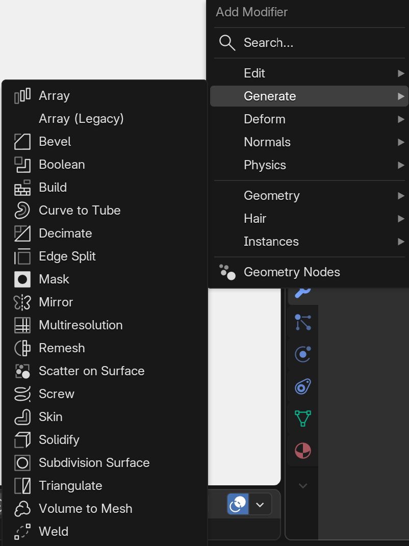 Blender's Add Modifier dropdown menu open, with the Generate category highlighted and its submenu expanded to show modifier options including Array, Bevel, Mirror, and Subdivision Surface.
