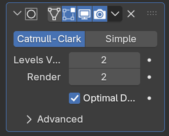 Close-up of a Subdivision Surface modifier panel header in Blender, showing the row of header controls: the collapse caret, the modifier type icon, the on-cage / edit-mode / realtime / render visibility toggles, the dropdown menu, the X delete button, and the drag handle, with the Catmull-Clark and Levels rows below for context.