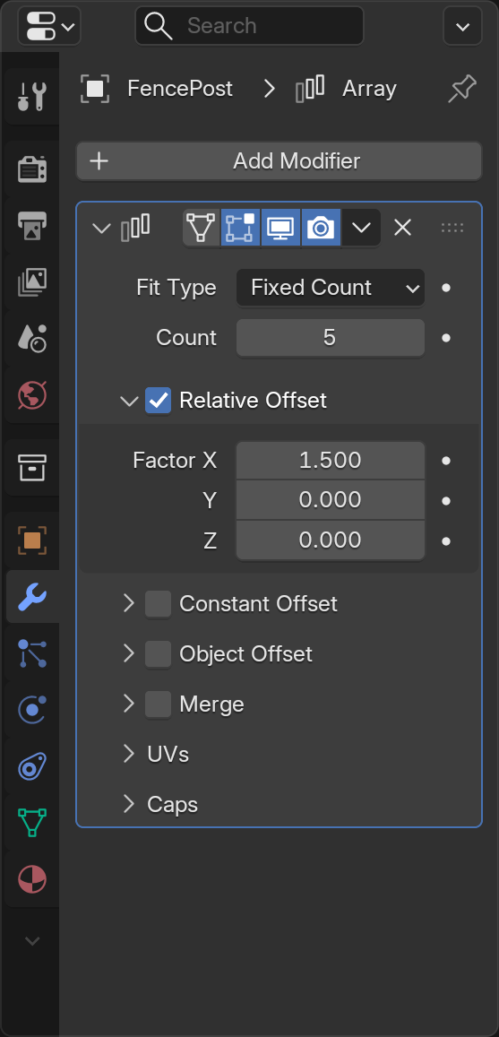 Close-up of the Array modifier panel in Blender's Modifier Properties, expanded to show its settings. The Count field is set to 5 and the Relative Offset X value is set to 1.5, the two settings that control how many copies are made and how far apart they sit.