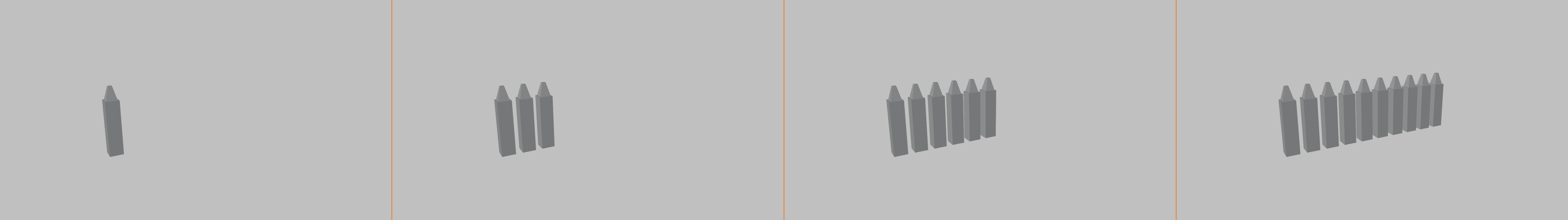 4-panel composite showing the same fence post arrayed at increasing counts from a fixed shared framing. The row grows rightward from a common left anchor: a single post at count 1, then 3, then 6, then 10 posts at consistent spacing and scale.
