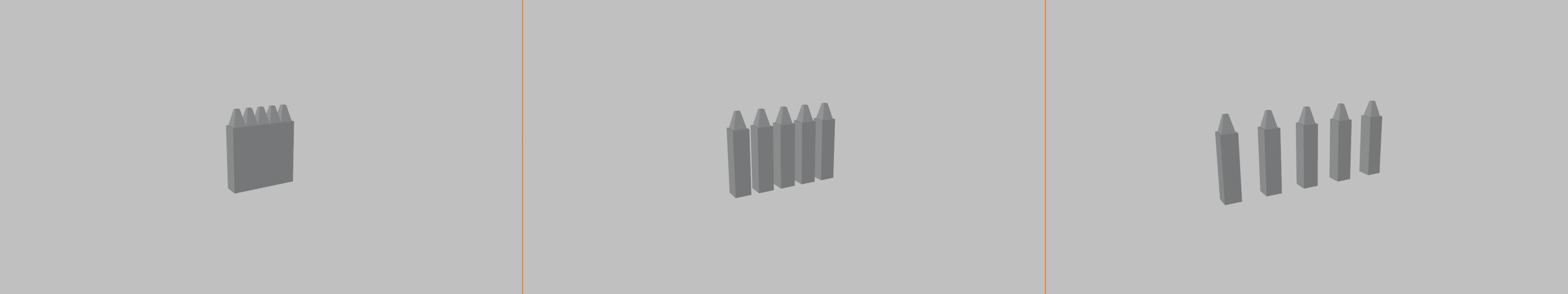 3-panel composite showing the same 5-post fence at three Relative Offset X values from a shared 3/4 view. Panel 1: offset 0.8 packs the posts into a near-solid block with only the tops separating. Panel 2: offset 1.5 spaces the posts distinctly but close. Panel 3: offset 2.5 spreads the posts well apart.