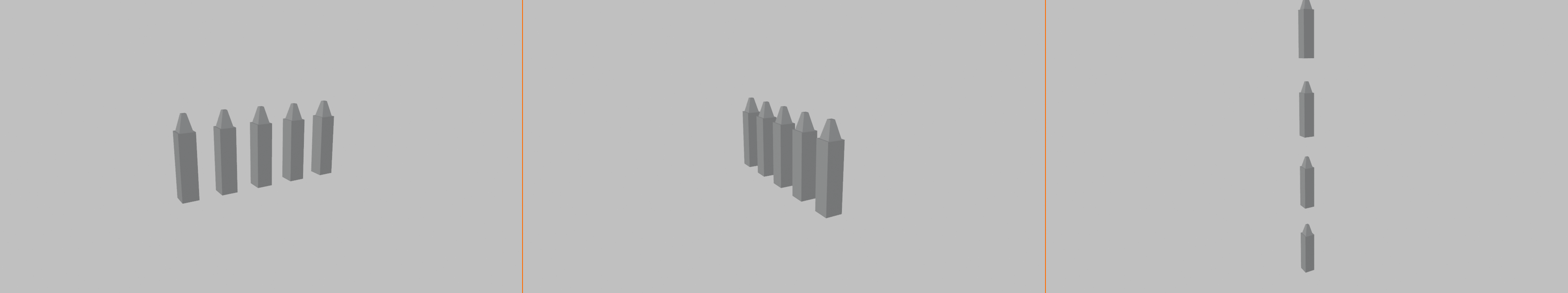 3-panel composite showing the same fence post arrayed along three different axes at a shared 3/4 view. Panel 1: array along the X-axis reads as a left-to-right horizontal row. Panel 2: array along the Y-axis reads as a row receding diagonally into depth. Panel 3: array along the Z-axis reads as a vertical stack.