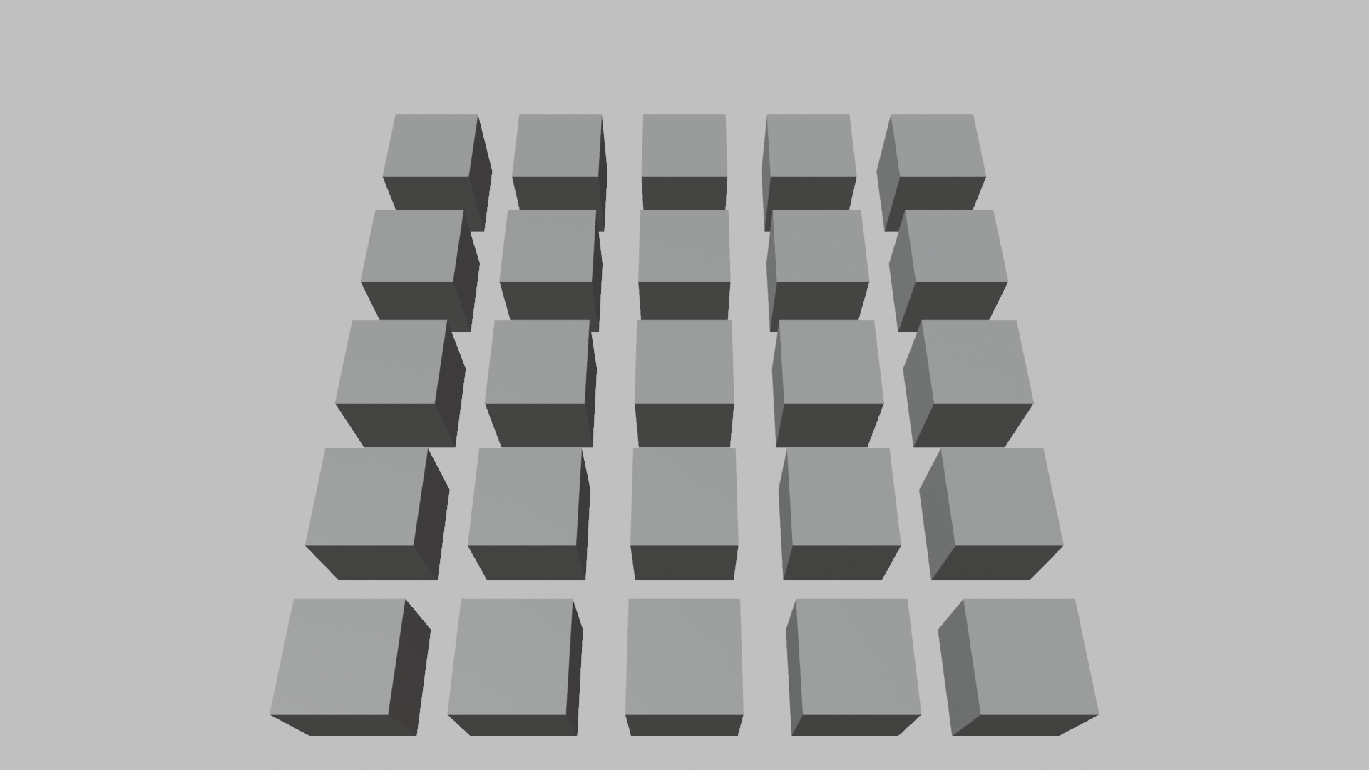 High near-top perspective view of unit cubes arrayed with two Array modifiers on X and Y, each count 5 with relative offset 1.5, forming a clean 5 by 5 grid of cubes on the viewport floor.