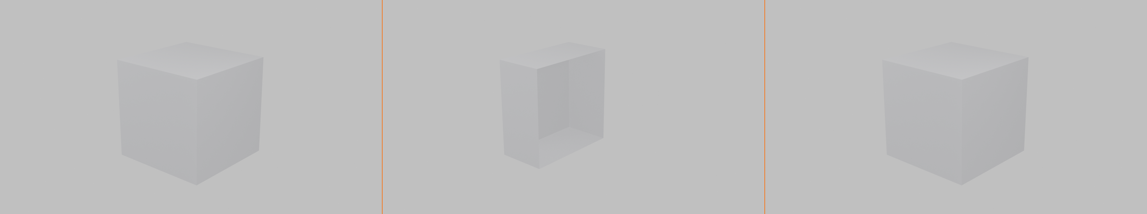 Three-panel Mirror setup sequence: an original cube, the cube with half deleted, and the cube whole again after adding the Mirror modifier.