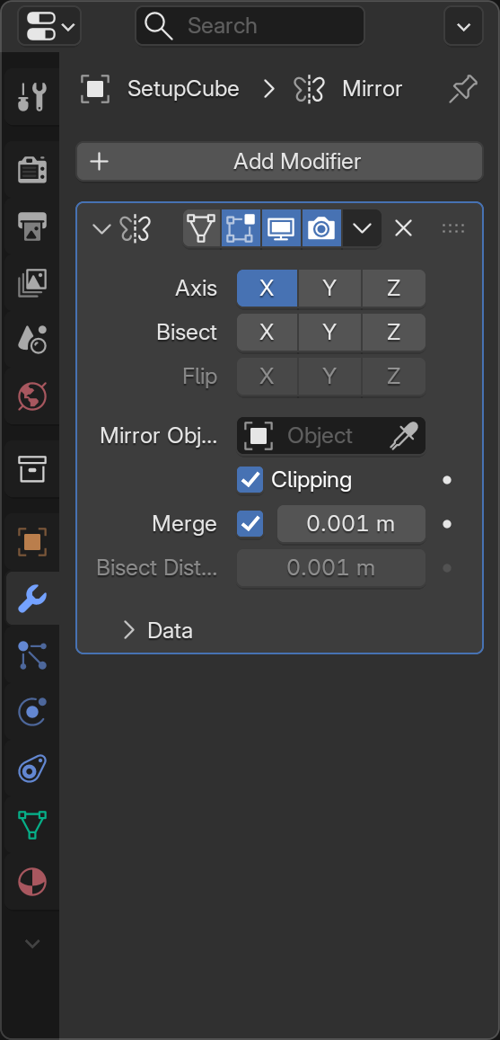Annotated Mirror modifier panel with the five key settings labeled: Axis, Clipping, Merge, Bisect, and Flip.