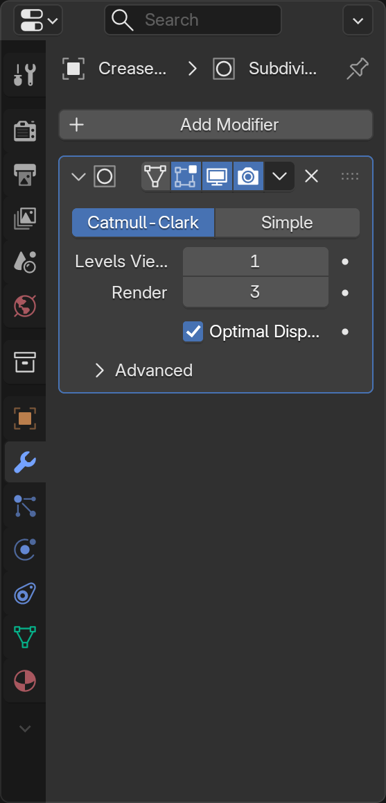 Close-up of the Subdivision Surface modifier panel with the wrench tab active. The Levels Viewport field is set to 1 and the Render field is set to 3, showing the two separate quality controls.