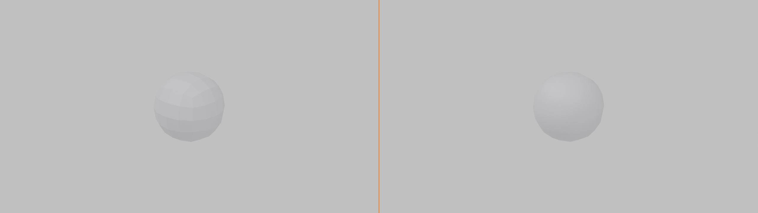 2-panel comparison of a subdivided cube at one identical 3/4 view. Left: flat shading shows visible faceting and triangular shading artifacts on the surface. Right: the same subdivided mesh with smooth shading appears clean and organic.