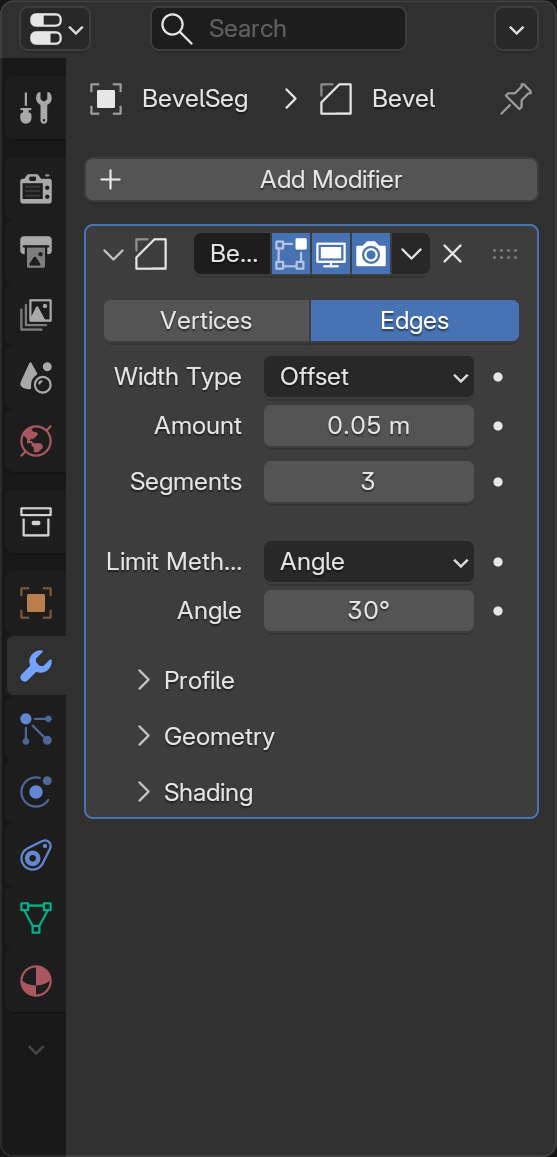 The Bevel modifier panel in the Properties editor, showing the Amount (width) field, the Segments field, the Limit Method set to Angle, and the Angle threshold field.