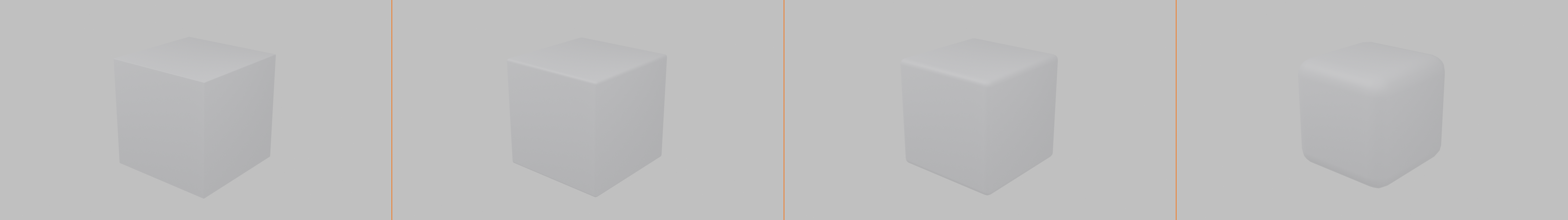 Four-panel comparison of a beveled cube at a fixed segment count with increasing bevel amount: a near-crisp edge at 0.01, a subtle round at 0.05, a pronounced round at 0.1, and a heavily rounded edge at 0.3.