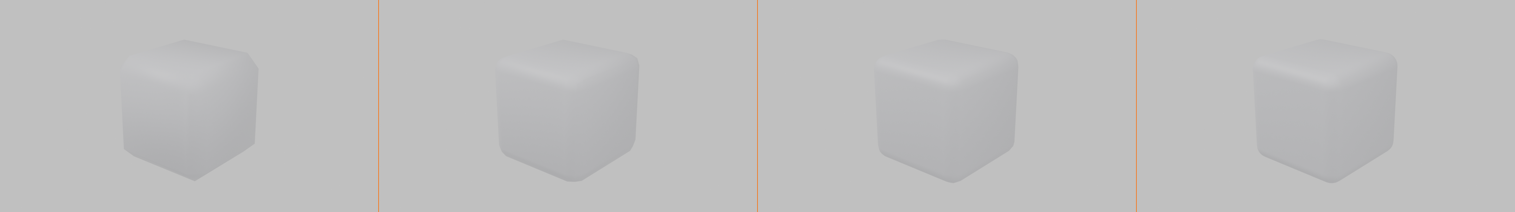 Four-panel comparison of a beveled cube at a fixed bevel width with increasing segment counts: one segment reads as a flat chamfer, and two, four, then eight segments produce a progressively rounder edge profile.