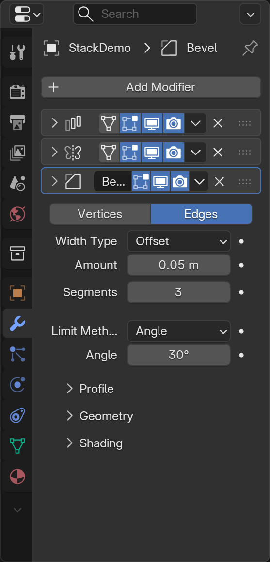The Modifier Properties panel showing a real stack on one object: the Add Modifier button at the top, then three modifiers in order from top to bottom (Array, Mirror, Bevel). The top-to-bottom order is the order Blender processes them in.