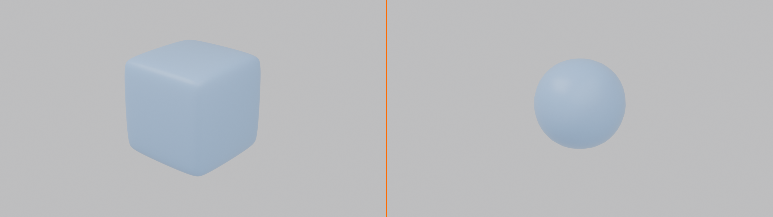 Two renders of the same two modifiers applied in opposite orders: on the left, Bevel then Subdivision keeps a rounded-cube form with controlled corners; on the right, Subdivision then Bevel collapses into a sphere-like shape. The silhouettes differ, proving stack order changes the result.