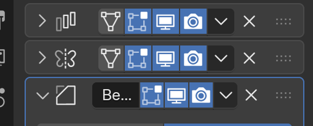 Close-up of the modifier panel header row showing the stack-management controls: drag-dots for reordering, the expand/collapse caret, the dropdown menu, and the X delete button, across three stacked modifier headers.