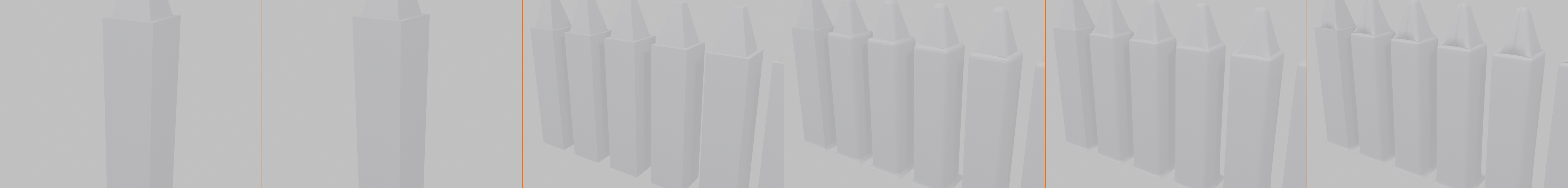 6-panel composite showing the decorative fence project built up one modifier at a time. Panel 1: the base post. Panel 2: plus Mirror, completing the symmetric post. Panel 3: plus Array, repeating it into a row. Panel 4: plus Bevel, rounding the edges. Panel 5: plus Subdivision Surface, smoothing the form. Panel 6: the final shaded result.