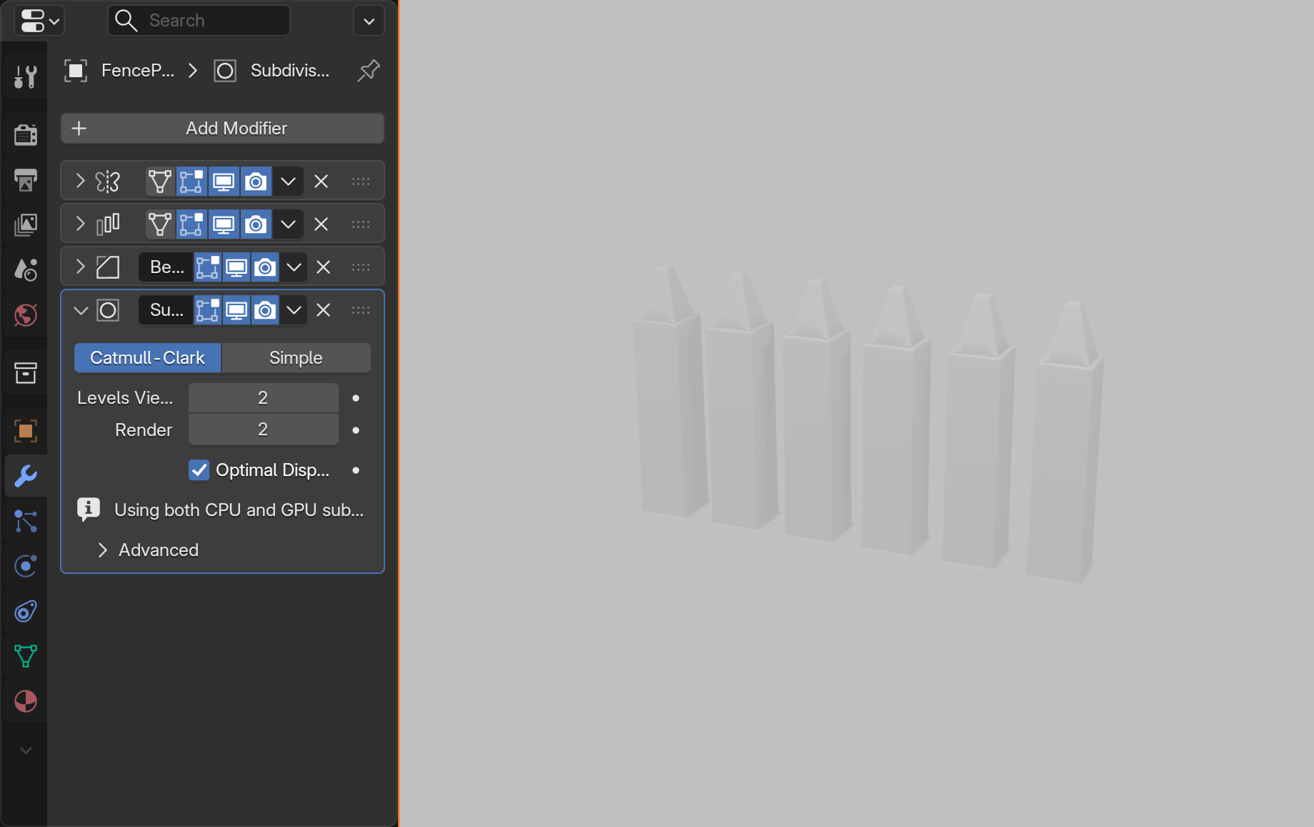 Split view of the fence project: on the left, the Modifier Properties panel showing the full stack in order from top to bottom (Mirror, Array, Bevel, Subdivision Surface) with Subdivision expanded; on the right, the finished fence row rendered with all four modifiers active.