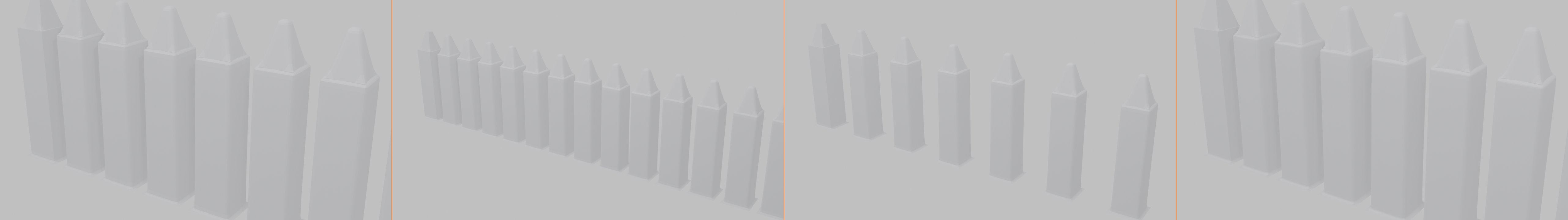 4-panel composite of fence variations built from the same modifier techniques. Panel 1: the base fence. Panel 2: more posts via a higher Array count. Panel 3: wider spacing via a larger Relative Offset. Panel 4: rounder posts via a higher Subdivision level.