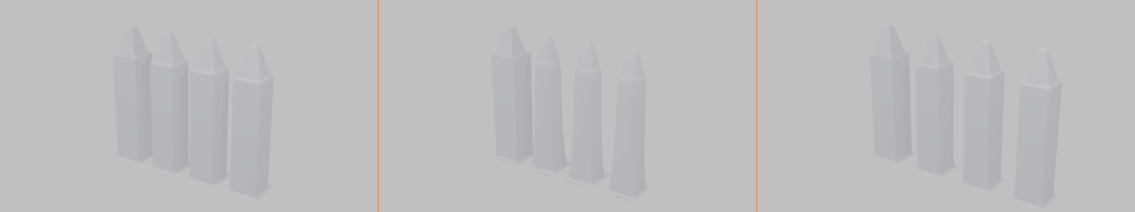3-panel composite of the fence project rendered with the same four modifiers in three different stack orders. Panel 1 (correct order) shows crisp, evenly beveled and smoothed posts. Panel 2 (subdivision first) shows softer, rounder blobby posts. Panel 3 (bevel first) shows chunkier, heavier-edged posts.