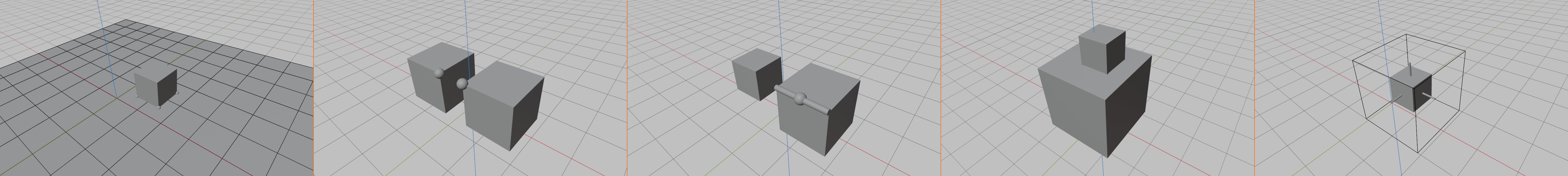 Five side-by-side viewport panels comparing Blender's snap target types. From left: Increment/Grid (a cube aligned on a subdivided grid floor), Vertex (two cubes meeting at marked corner points), Edge (two cubes joined along a highlighted edge), Face (a small cube resting on a larger cube's top surface), and Volume (a cube nested inside a wireframe host cube with a center crosshair).